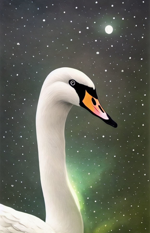 Swan illustration with long neck under starry night sky
