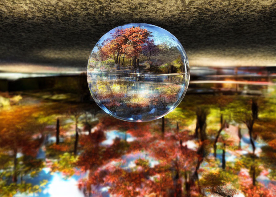 Inverted autumn scene in crystal ball on reflective surface