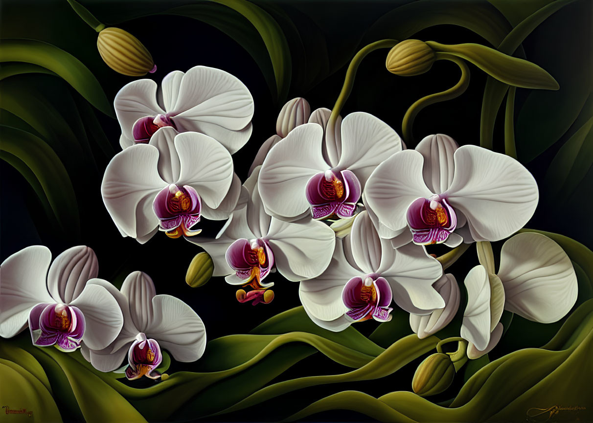 Detailed digital artwork of white and purple orchids on a dark background