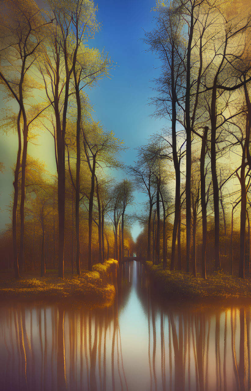 Tranquil landscape with calm river, golden trees, and colorful sky