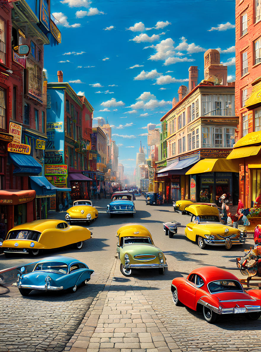 Colorful vintage cars and bustling pedestrians on vibrant city street