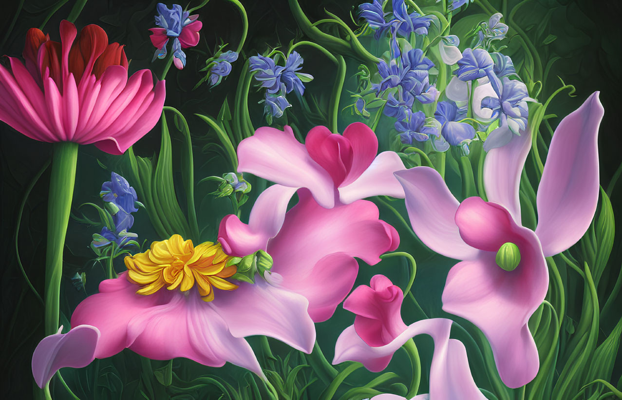 Colorful digital painting of assorted flowers on dark backdrop