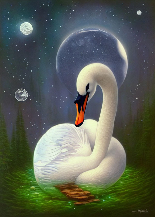 Graceful Swan in Moonlit Night Sky with Stars and Forest Scenery