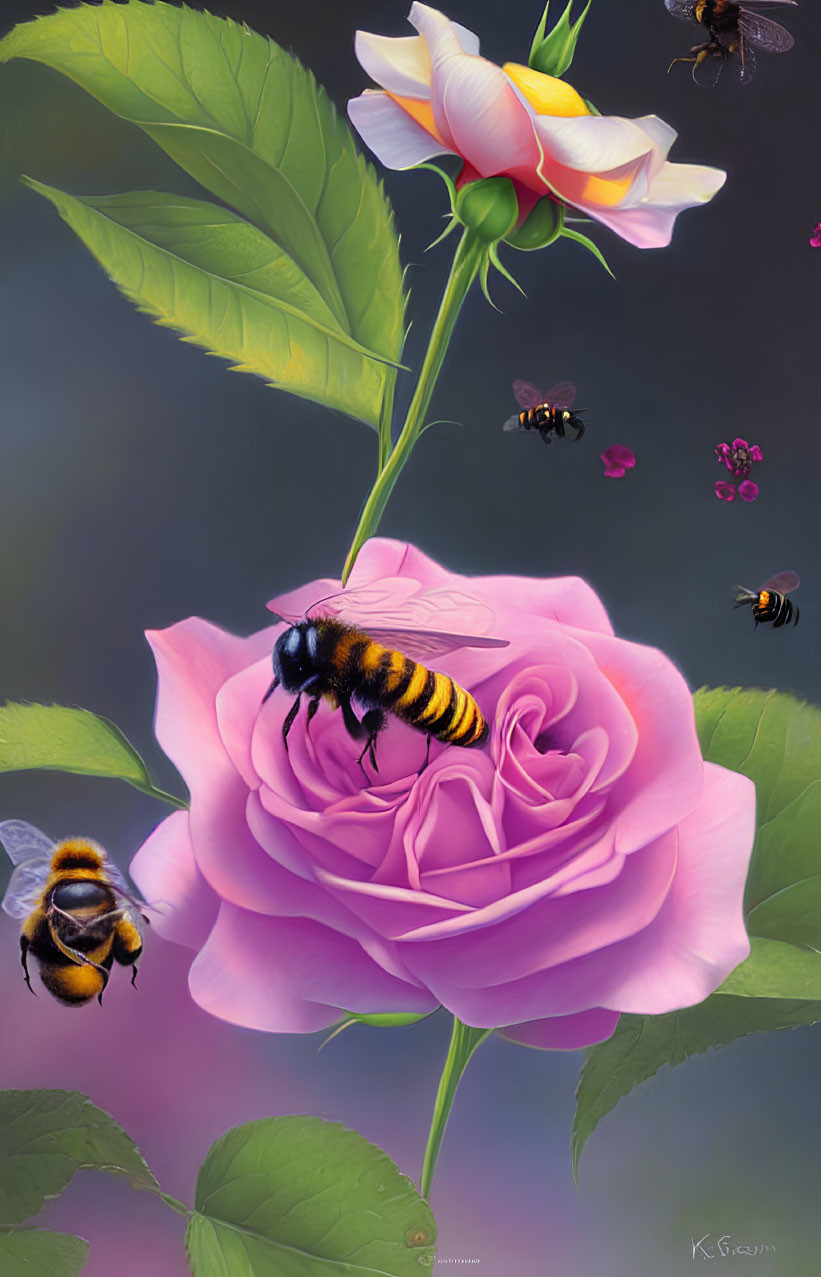 Colorful artwork: Pink rose, bees, purple-gray background