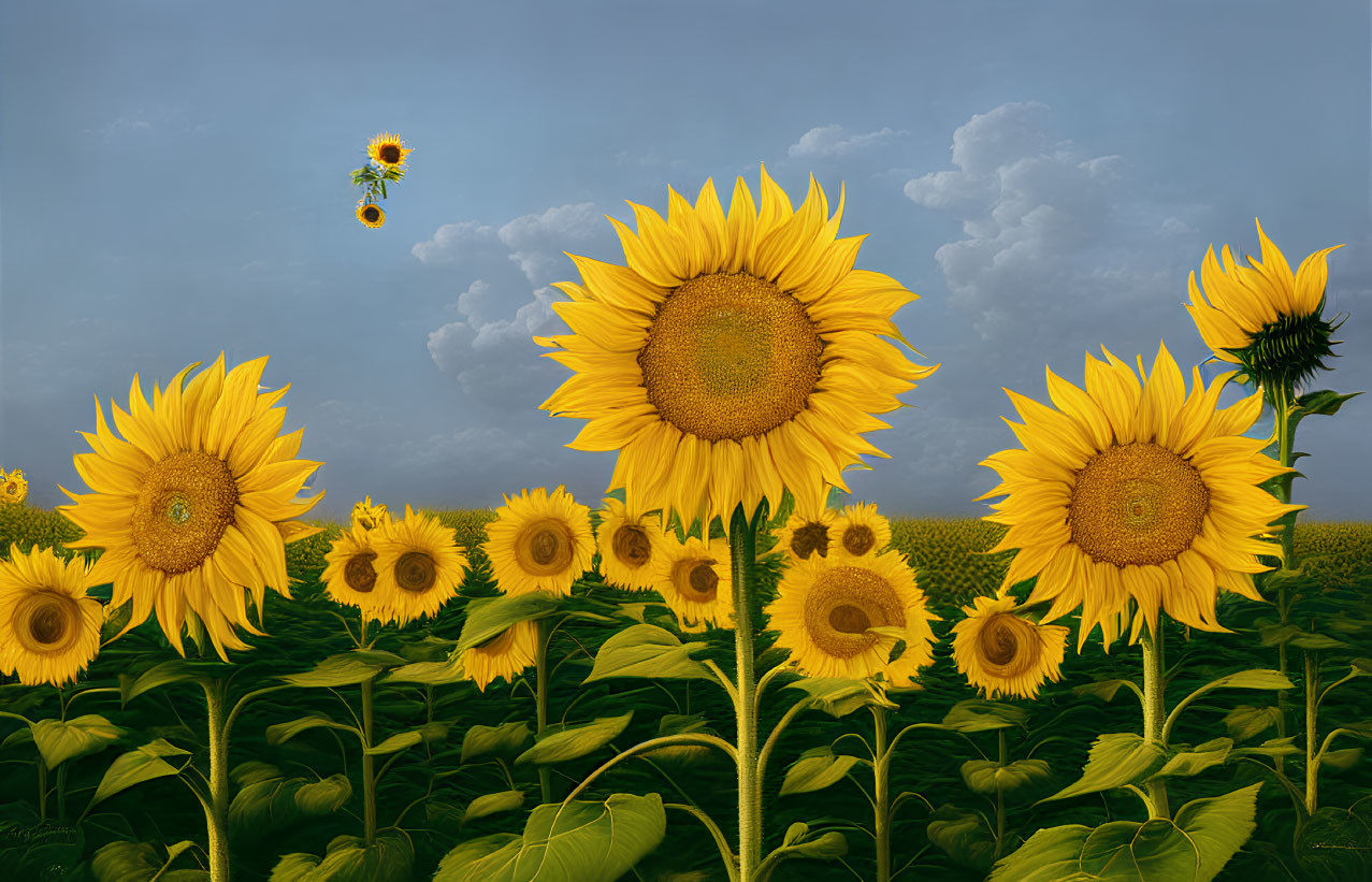 Sunflowers Field with Bee and Floating Flower under Blue Sky