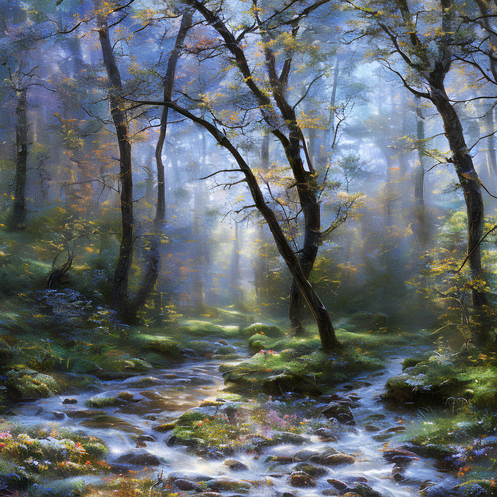 Sunlit Forest Stream with Mist and Flowers