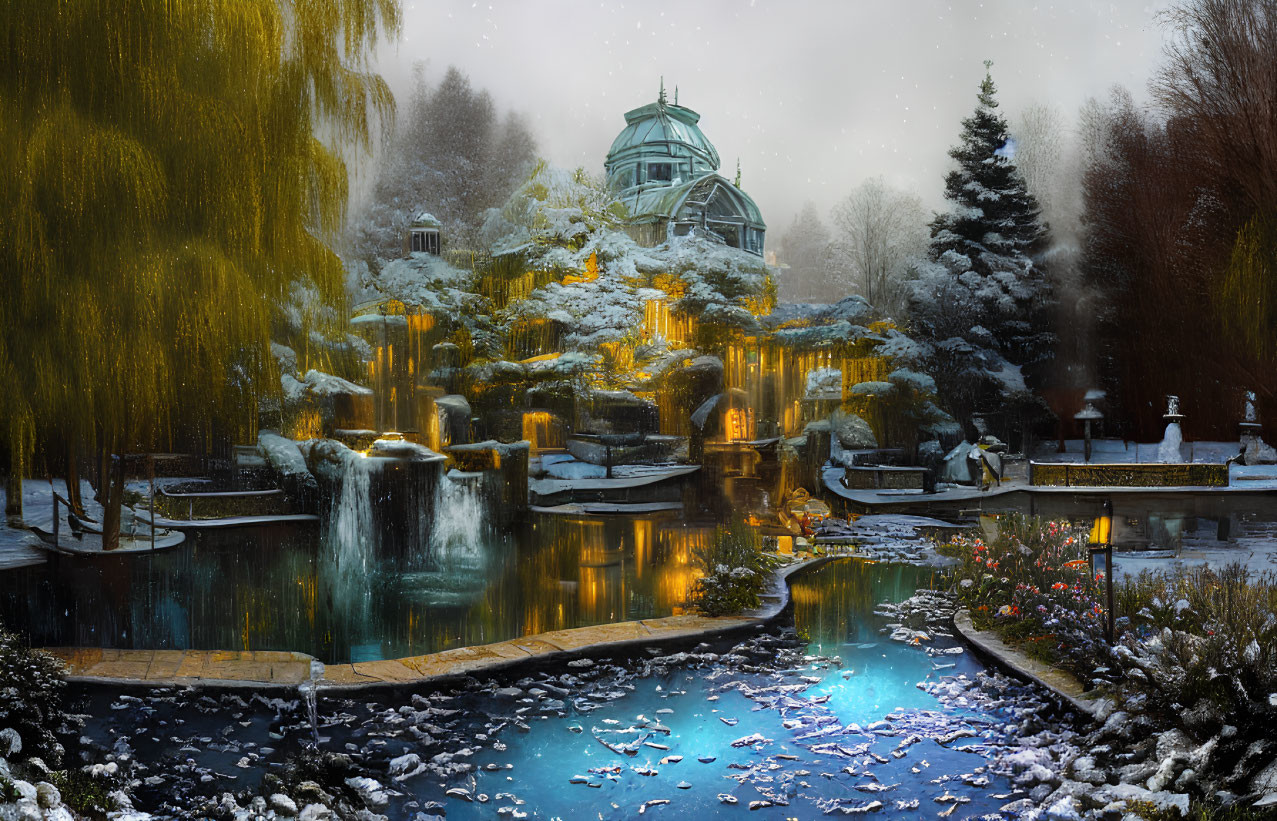 Winter garden scene with glass greenhouse, snow-covered willows, waterfalls, and vibrant flora.