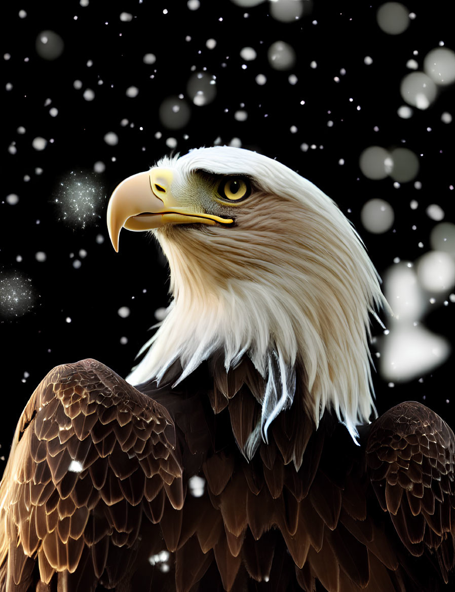 Detailed Bald Eagle in Starry Night with Snowflakes