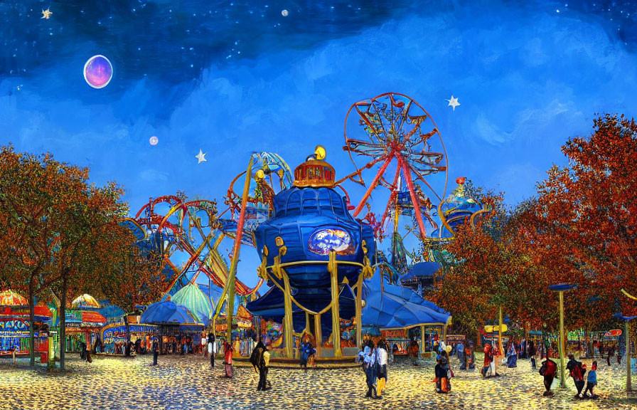 Nighttime scene at amusement park with Ferris wheel, carousel, and lively crowd.