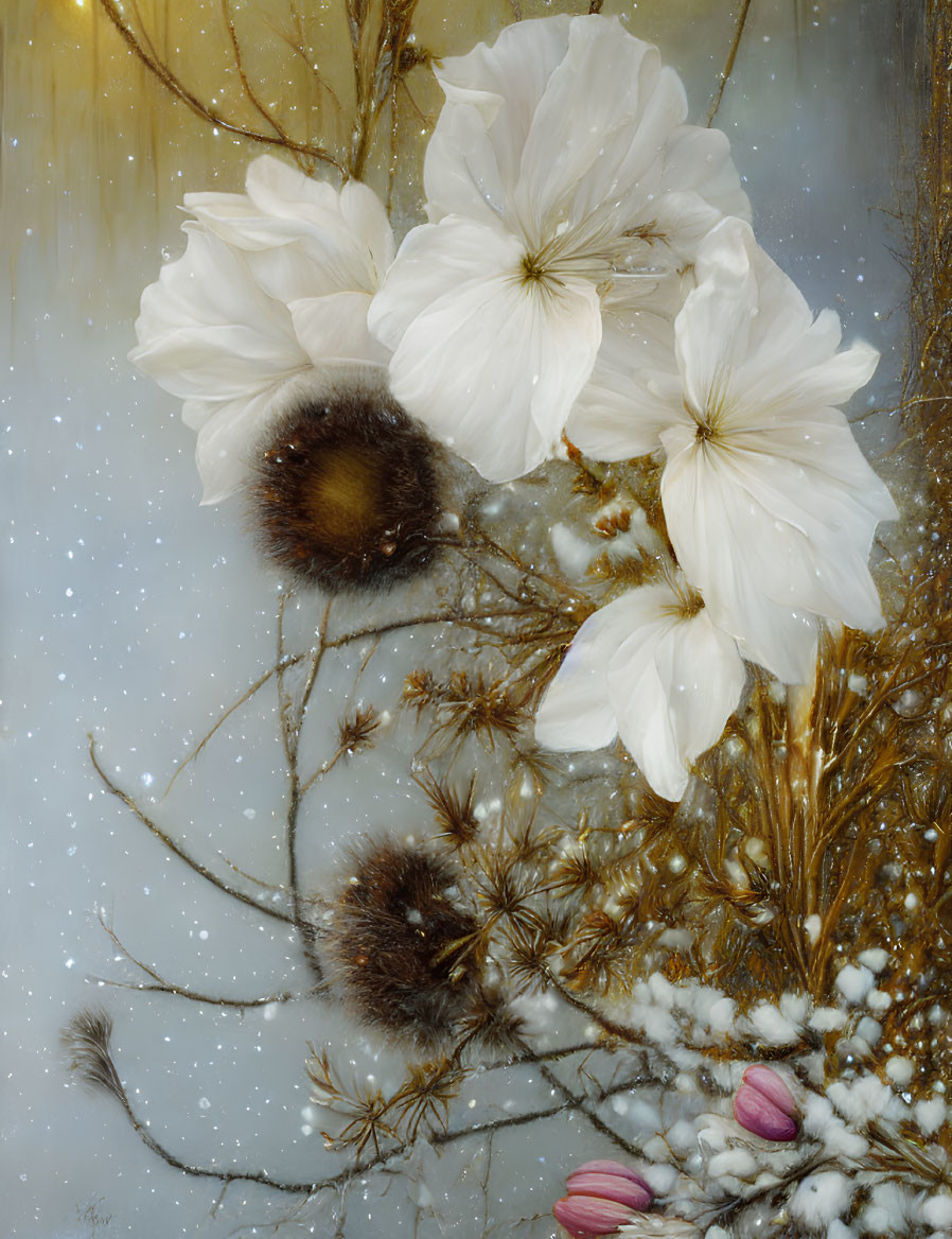 Delicate white flowers and brown seed heads with golden accents on a snowy background
