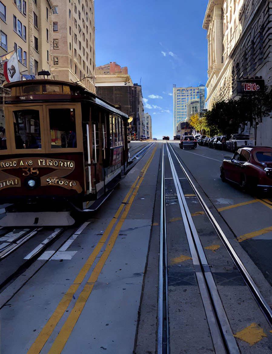 Scenic view of cable car on San Francisco street with parked cars and buildings under blue sky