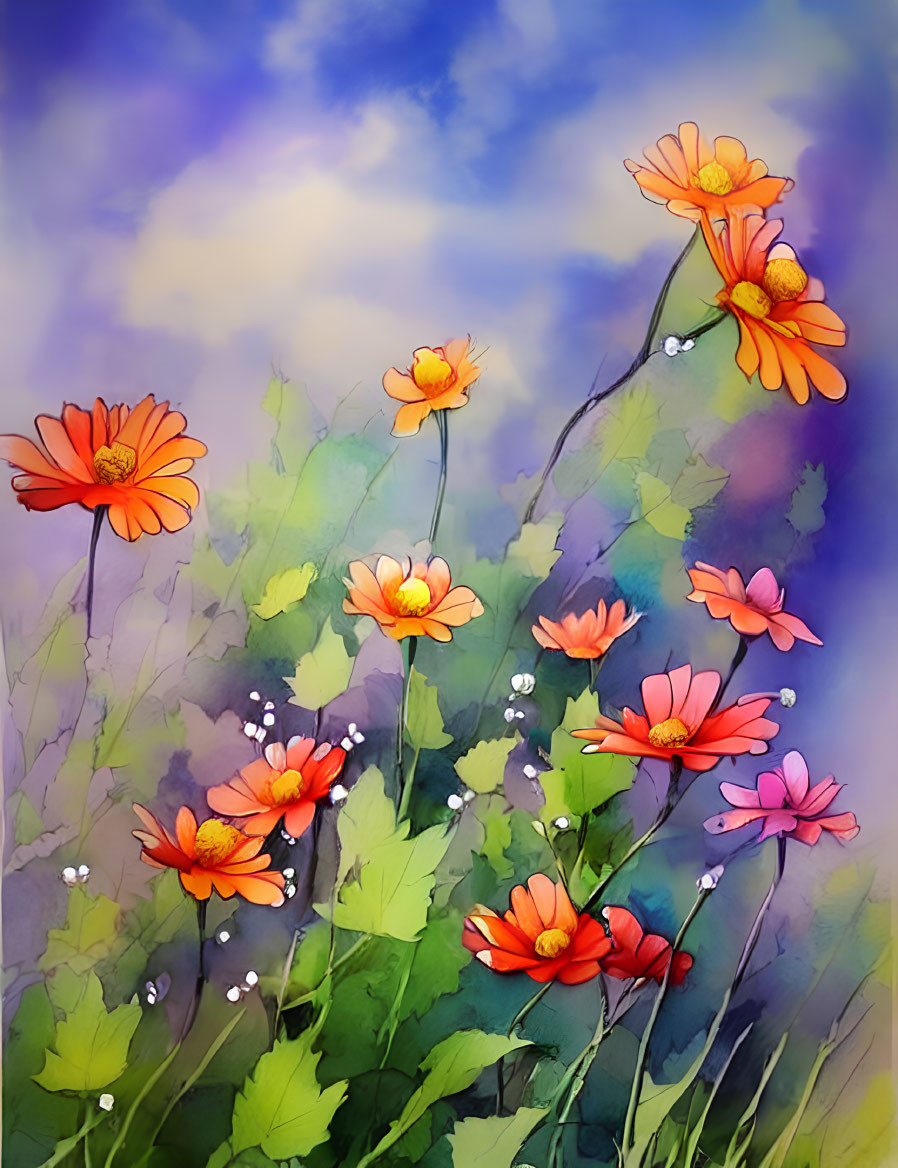 Colorful orange flowers on blue and purple backdrop