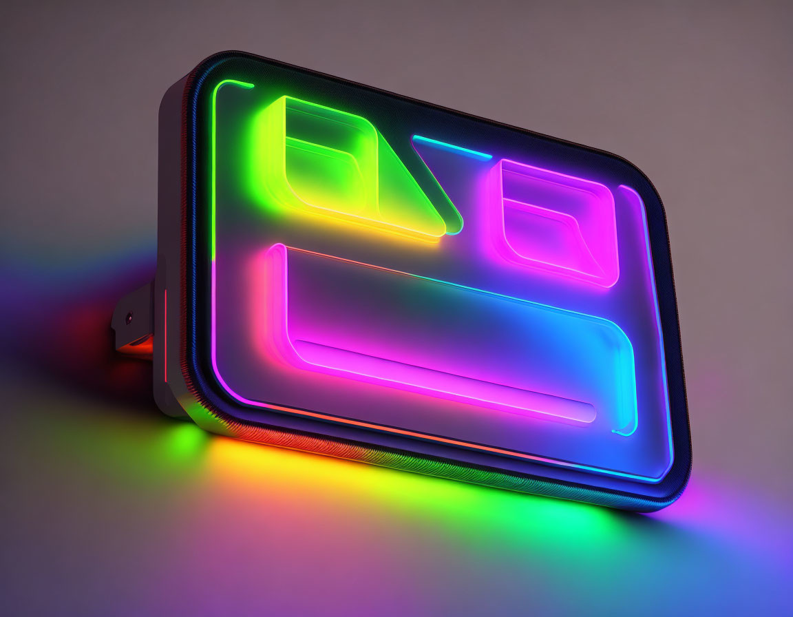Vibrant neon-lit sign with multicolored outlines on gray background