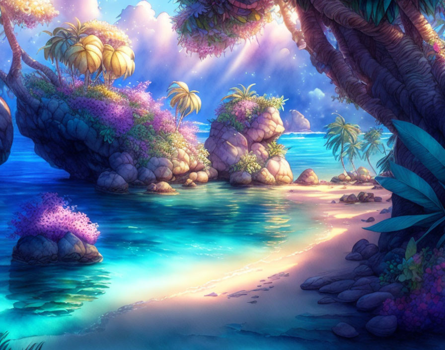 Tranquil Tropical Cove with Vibrant Flora and Blue Waters