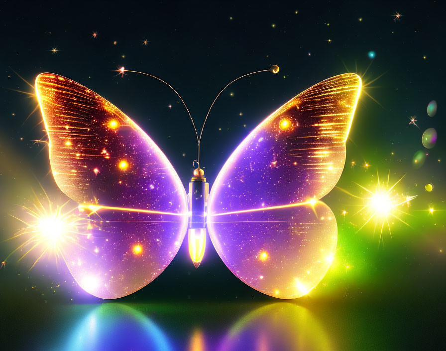 Colorful digital artwork: Butterfly with glowing starry night wings