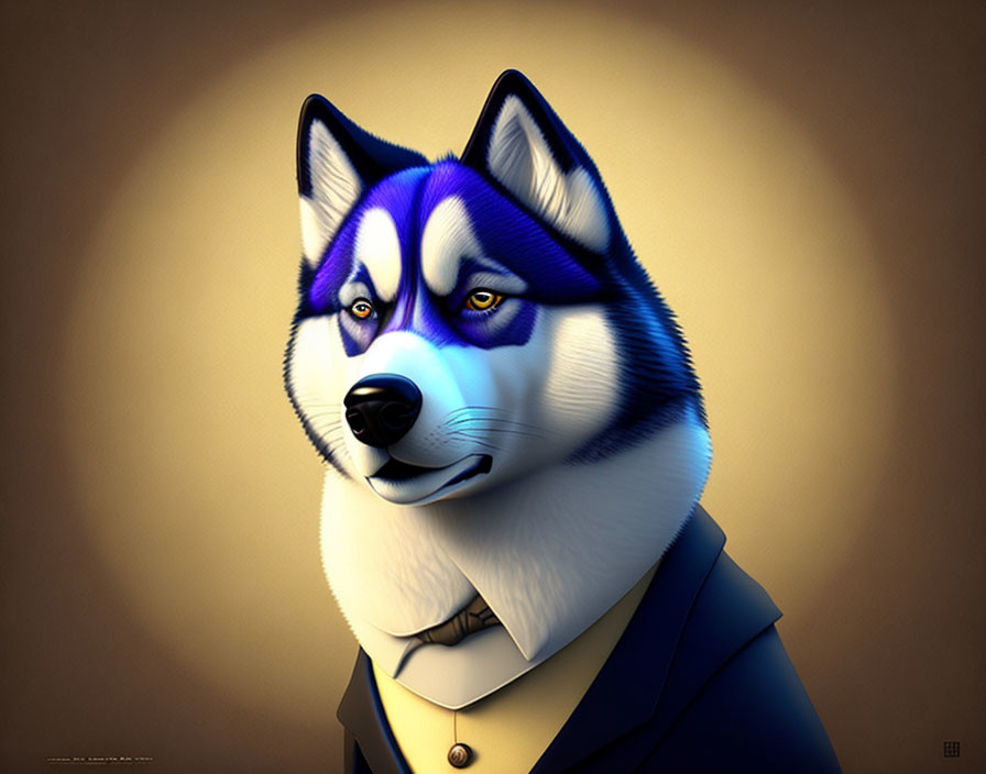Stylized husky in suit with blue eyes on golden background