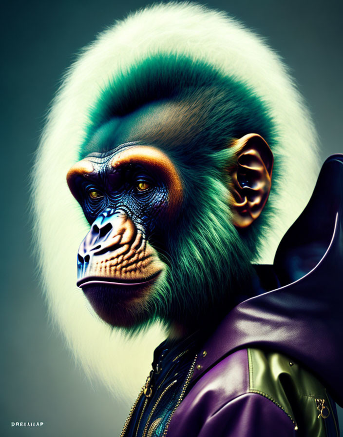 Colorful Stylized Mandrill Artwork in Leather Jacket