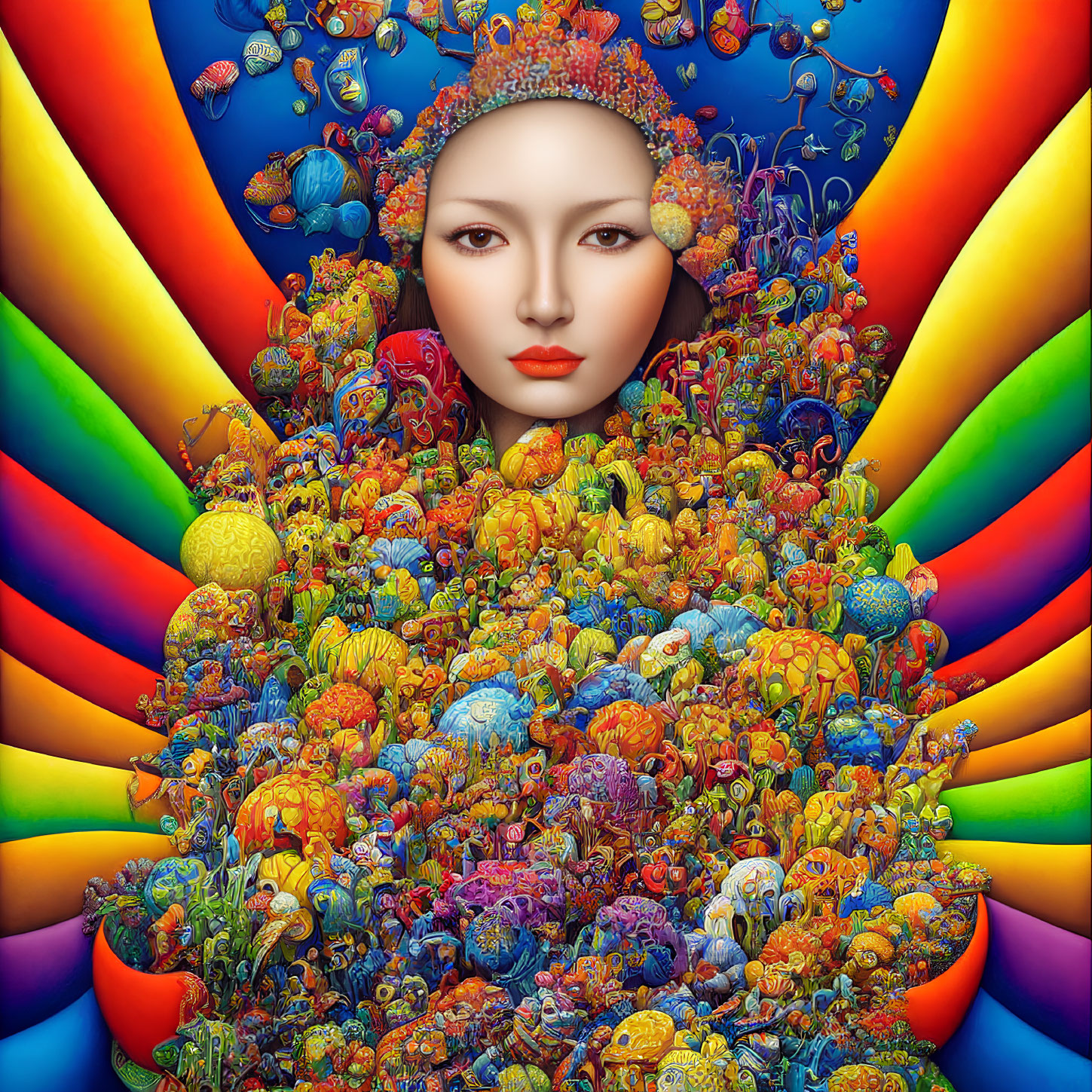 Colorful surreal portrait with female face and whimsical creatures against rainbow backdrop