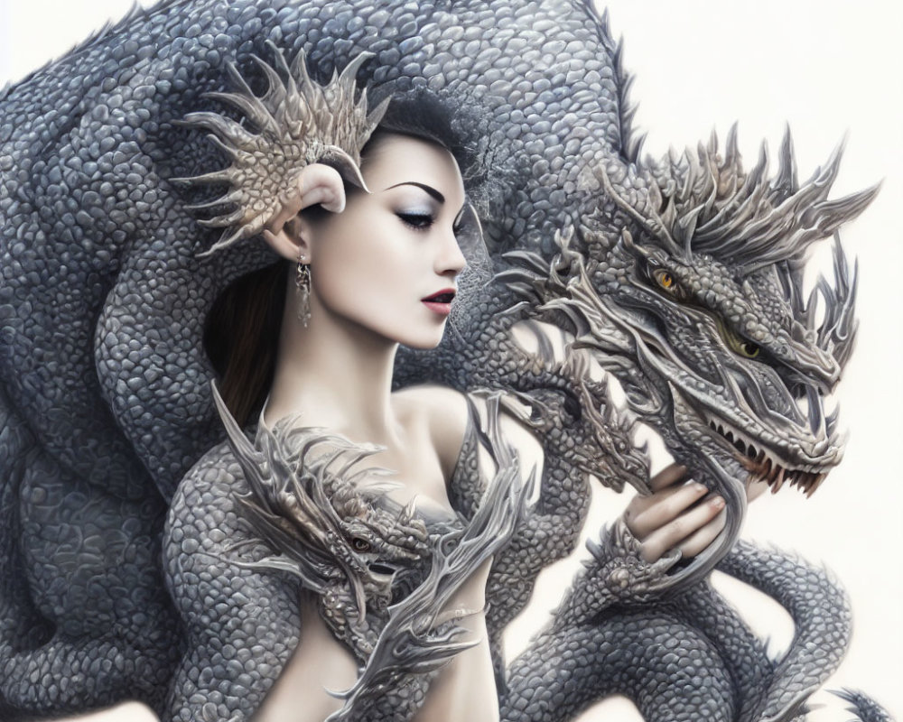 Detailed Image: Woman Gazing at Silver-Scaled Dragon