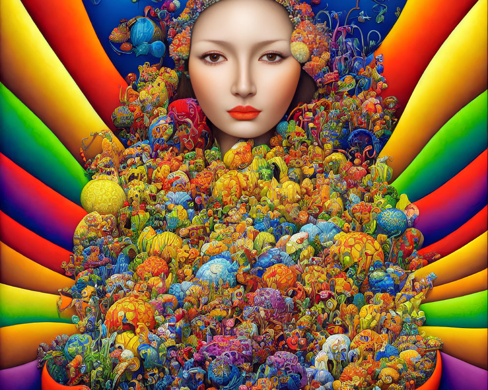 Colorful surreal portrait with female face and whimsical creatures against rainbow backdrop