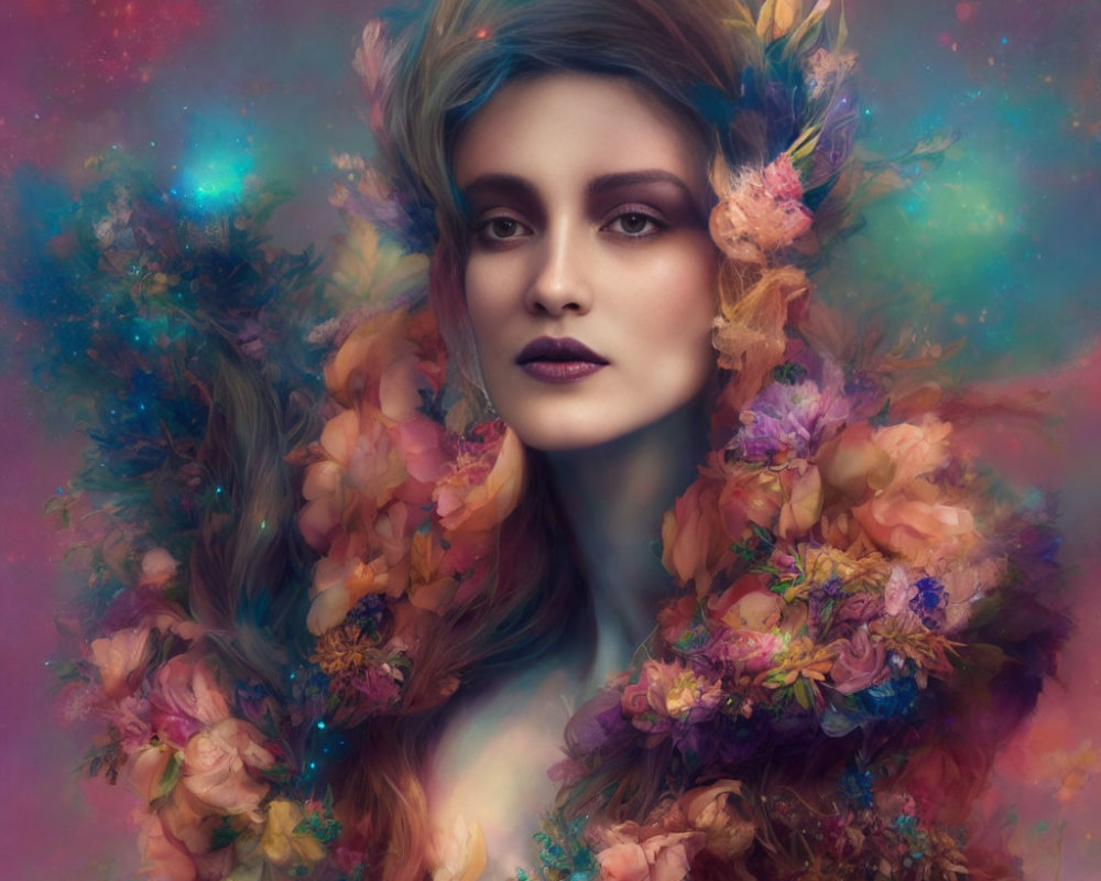 Colorful Flowers and Feathers Woman Portrait in Cosmic Background