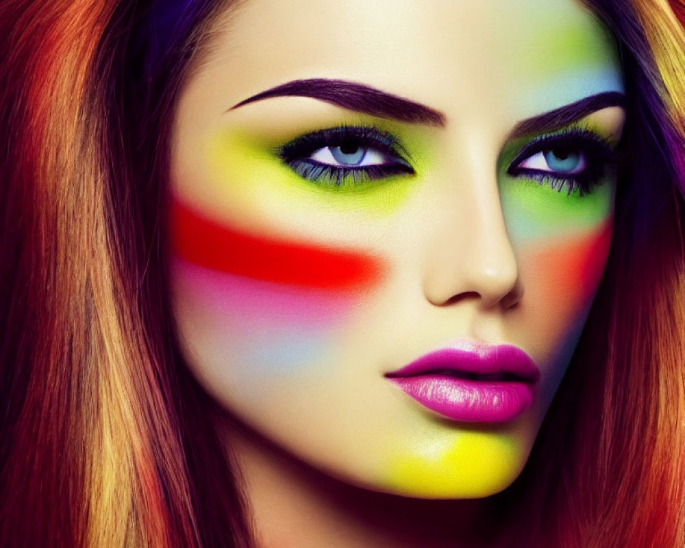 Vibrant multicolored makeup on woman's face against purple background