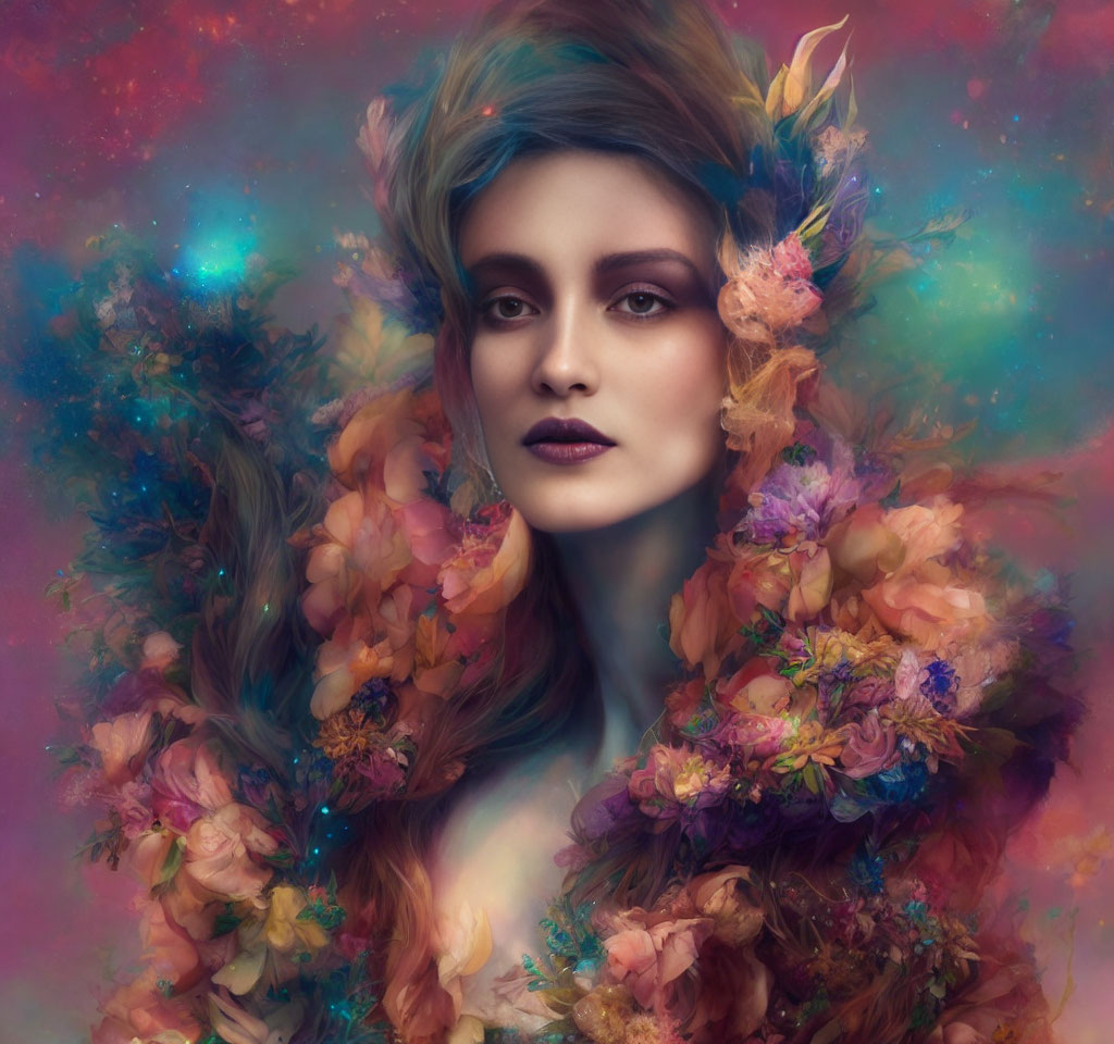 Colorful Flowers and Feathers Woman Portrait in Cosmic Background