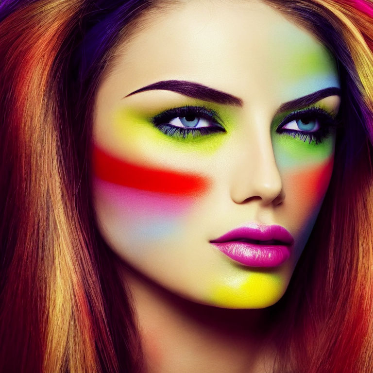 Vibrant multicolored makeup on woman's face against purple background
