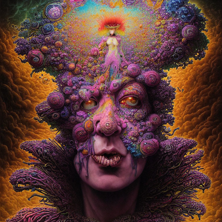 Surreal portrait: figure with purple growths, multiple eyes, warm orange backdrop