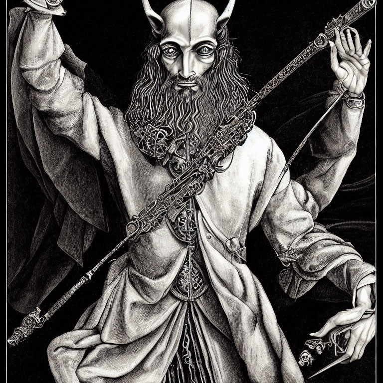Monochromatic figure with goat head and human body holding staff with occult symbols, in ornate robes