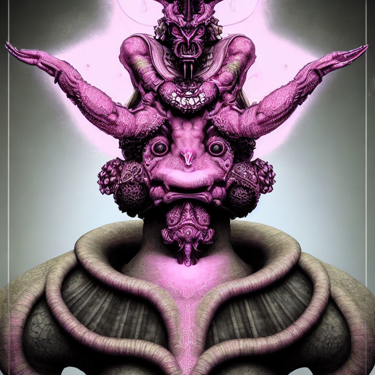 Surreal purple creature with intricate designs on gray background