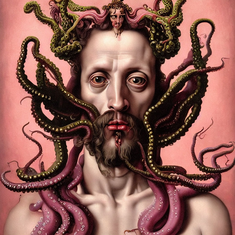 Surreal portrait: man's face with octopus tentacles, small figure on forehead, pink