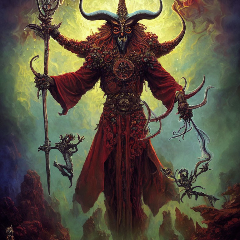Sinister horned demon in red armor with spear in rocky landscape