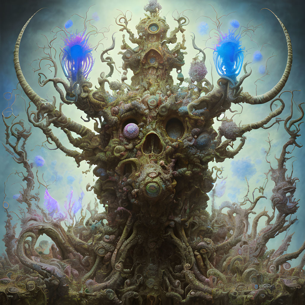 Fantasy tree with tendrils, orbs, and eyes in misty background