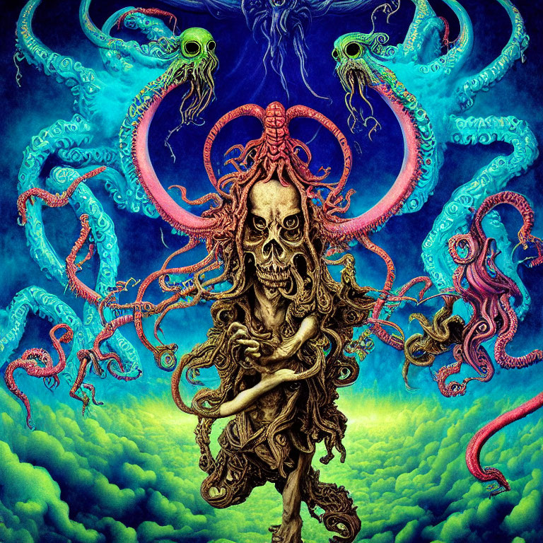 Colorful Skull with Tentacles and Roots in Celestial Setting