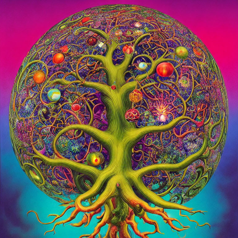 Colorful spherical tree artwork with intricate branches on psychedelic background