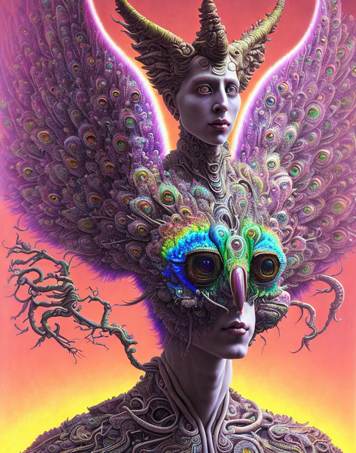 Elaborate peacock feather headdress and mask on fantastical figure