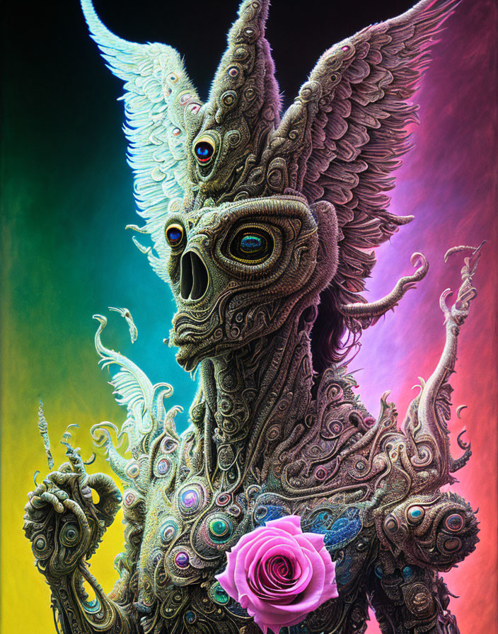 Fantastical creature with multiple eyes, staff, and rose on vibrant background