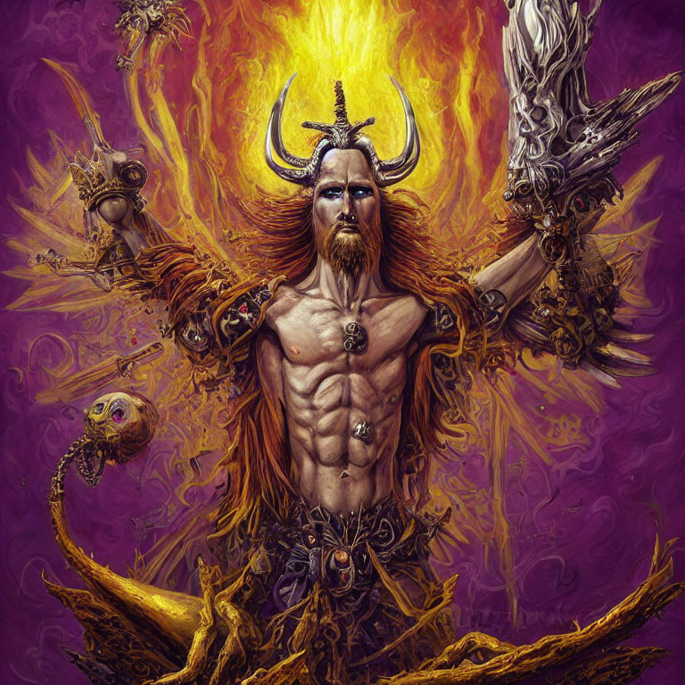 Muscular multi-armed character with fiery aura and mystical weapons on purple background