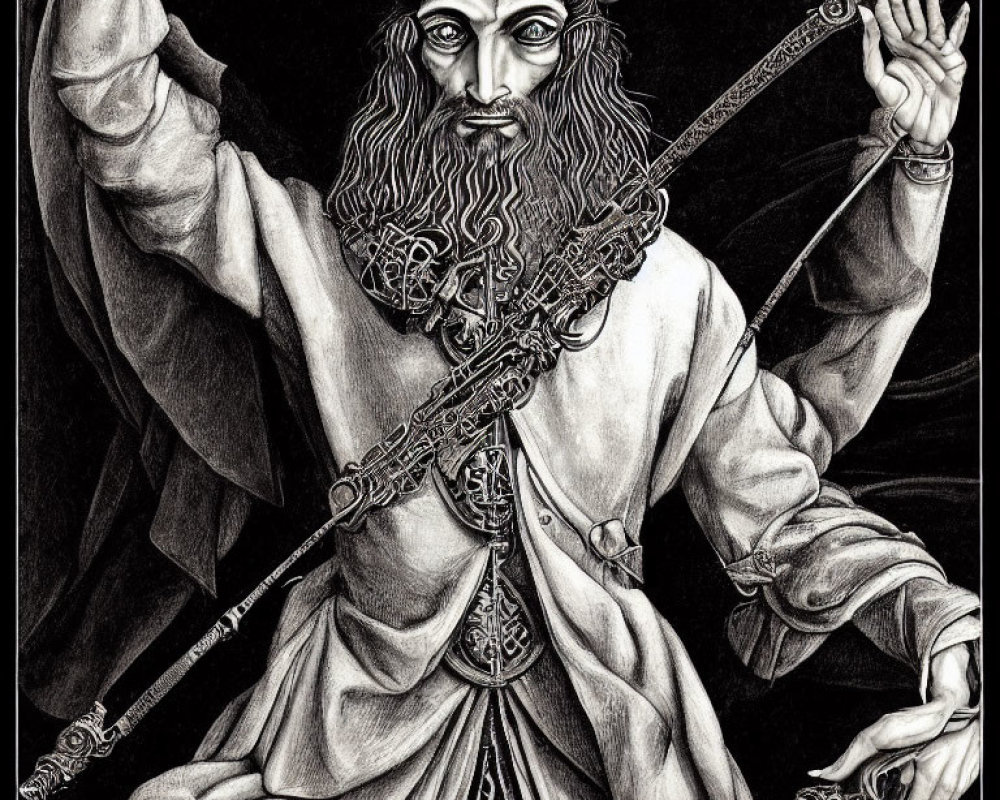 Monochromatic figure with goat head and human body holding staff with occult symbols, in ornate robes