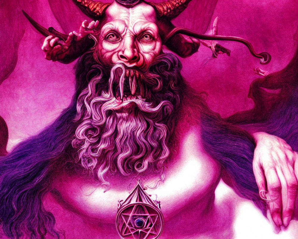 Detailed illustration of demonic figure with horns and pendulum on pink backdrop