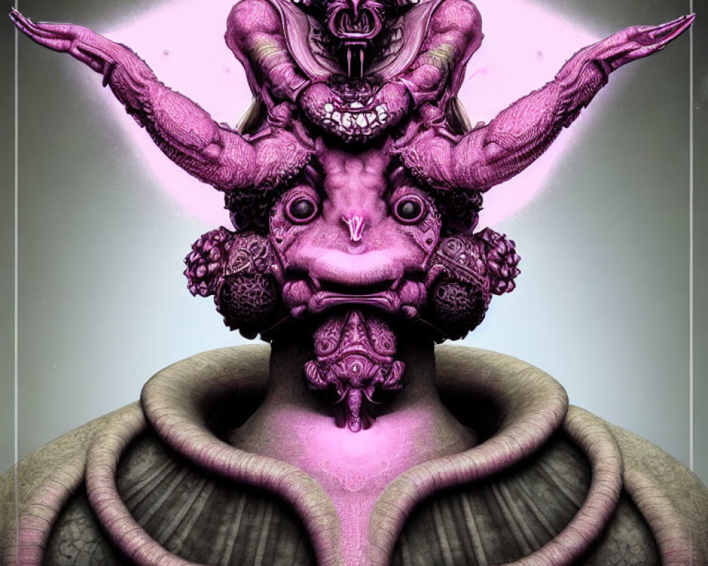 Surreal purple creature with intricate designs on gray background