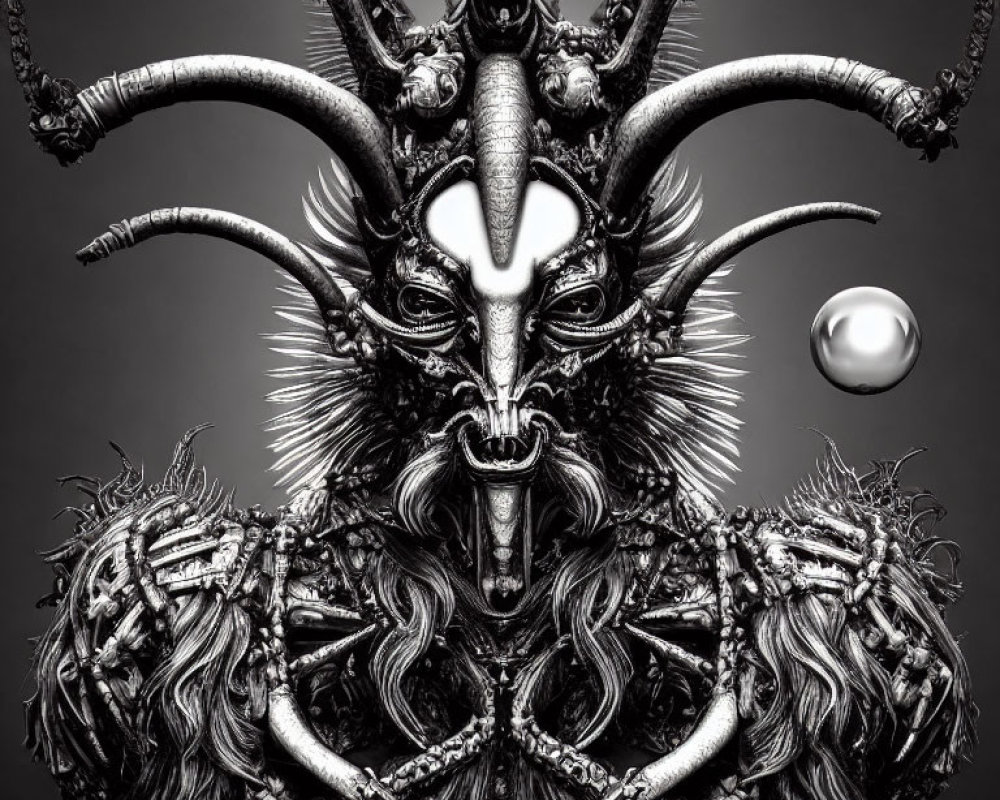 Detailed monochrome artwork of a creature with goat-like features, chains, feathers, horns, and a