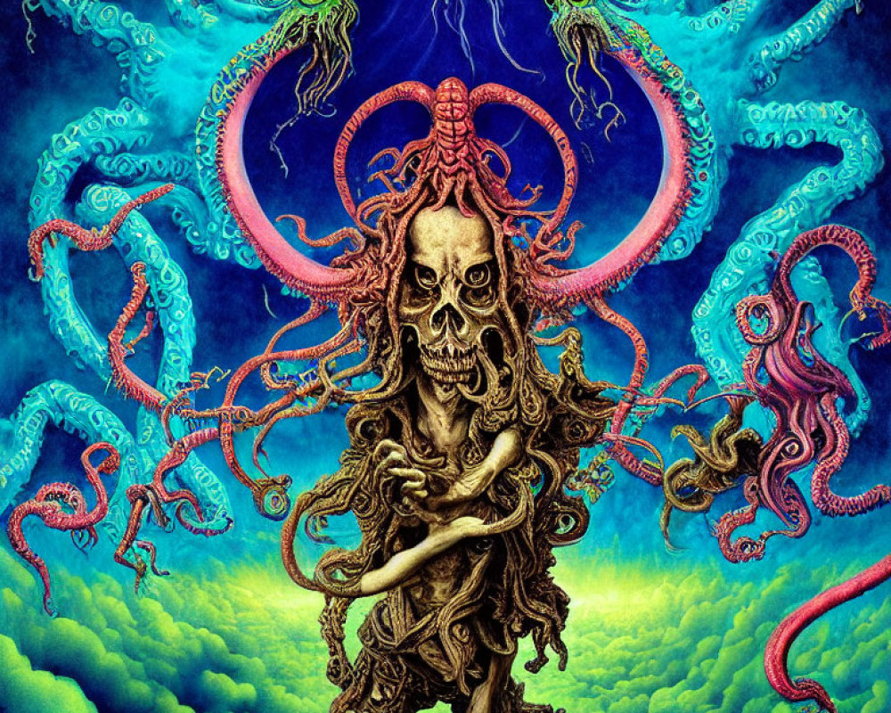 Colorful Skull with Tentacles and Roots in Celestial Setting