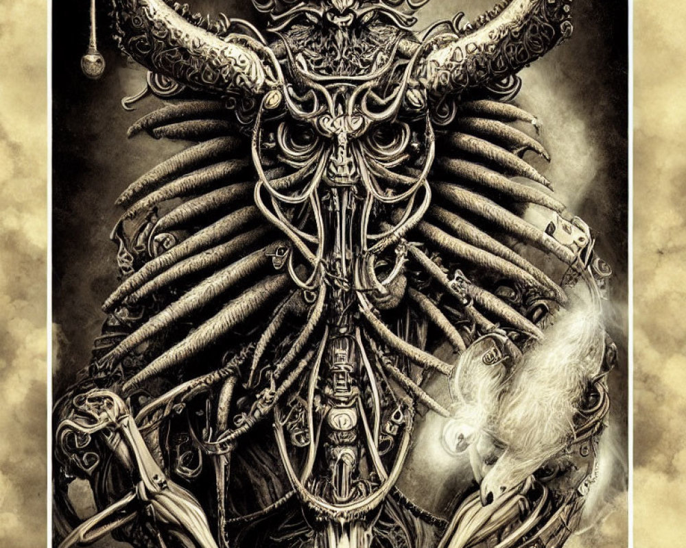 Detailed dark creature with horns and tentacles in fantasy artwork.