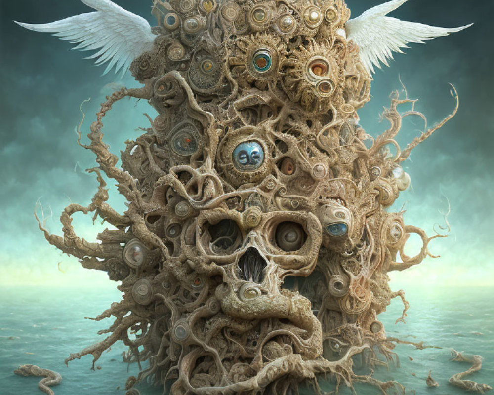 Surreal creature with multiple eyes and tentacles against oceanic backdrop