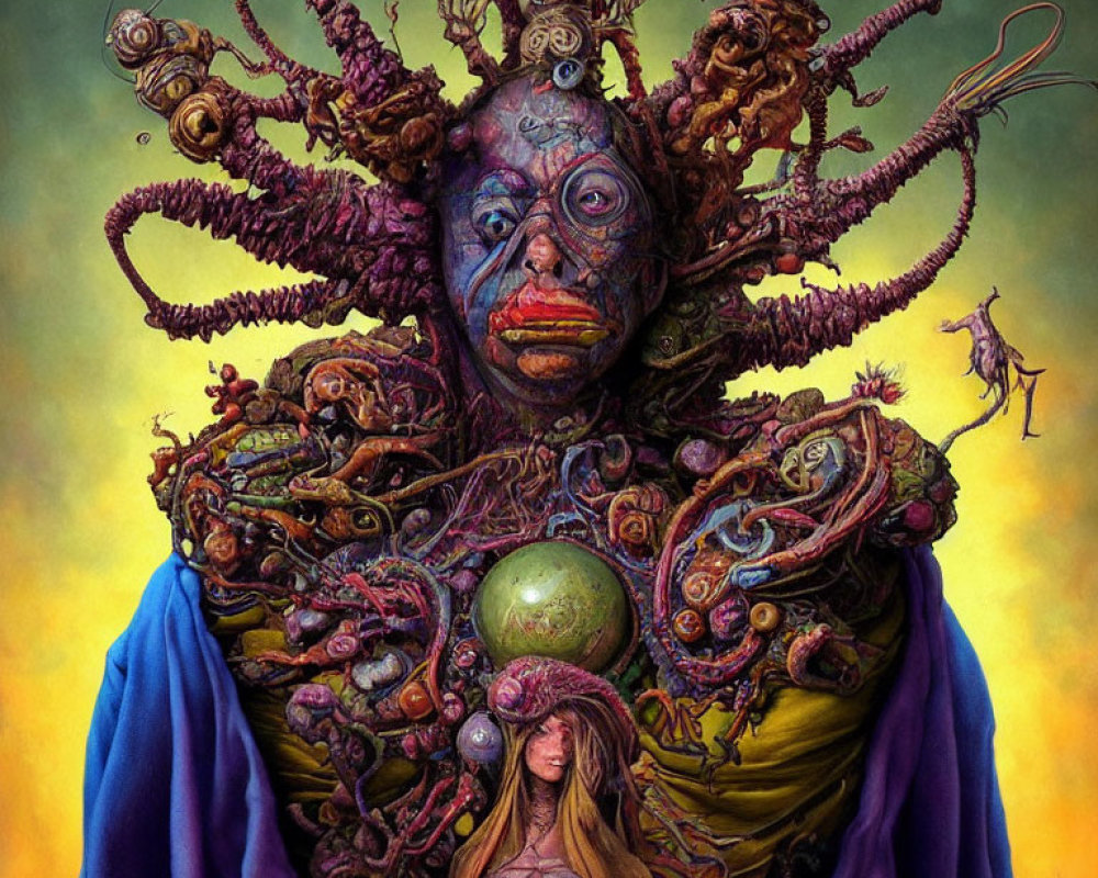 Colorful surreal portrait with elaborate tentacle headpiece and creatures.