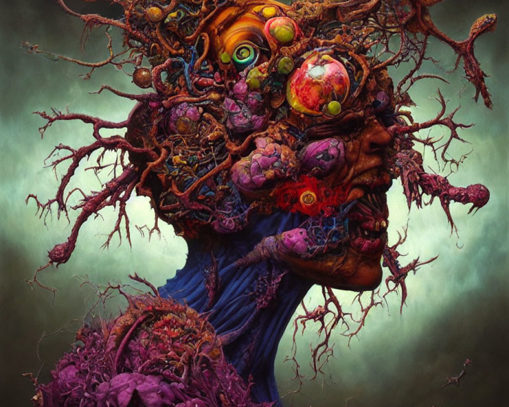 Colorful surreal artwork: face intertwined with tree roots, fantastical flowers, multiple eyes.