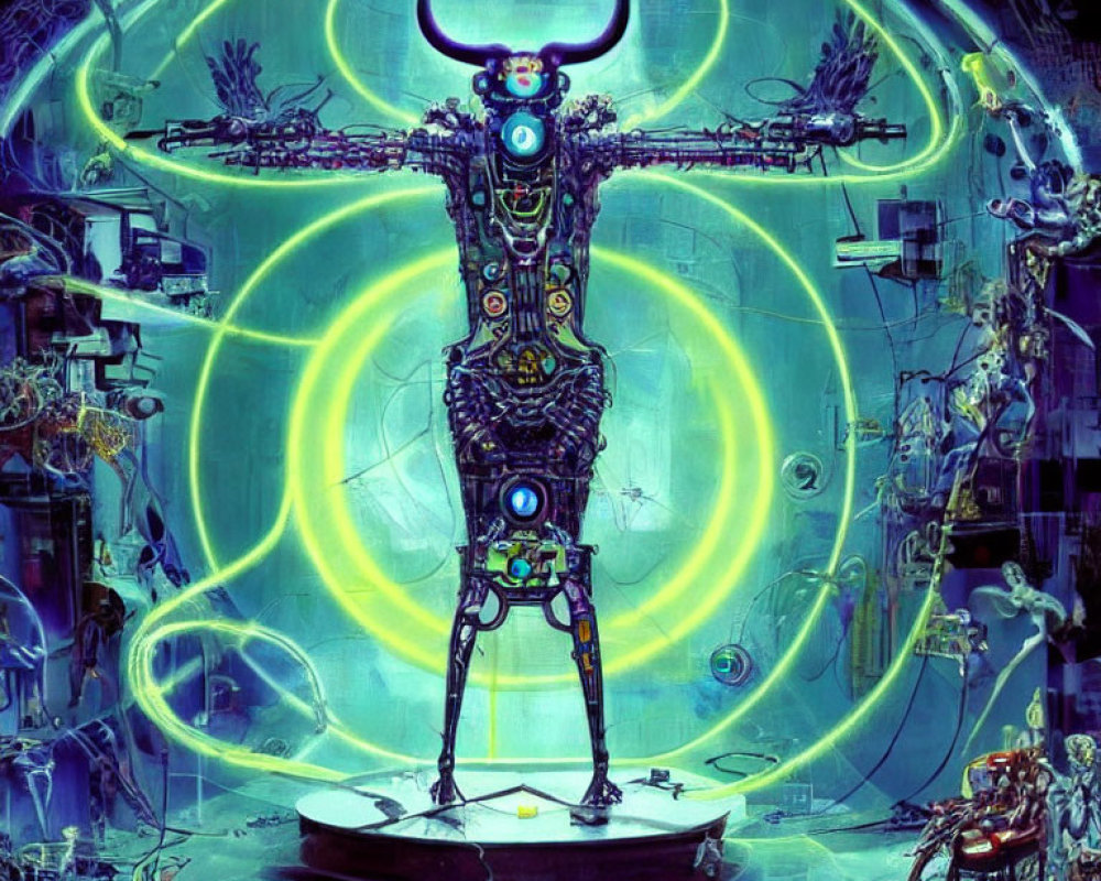 Futuristic humanoid robot with bull's head in glowing circular setting surrounded by machinery