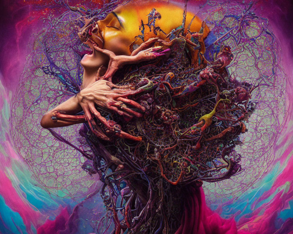 Colorful surreal portrait with branches and roots against cosmic nebula.